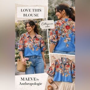 Anthropologie Maeve Blue Floral Lantern Sleeve Blouse